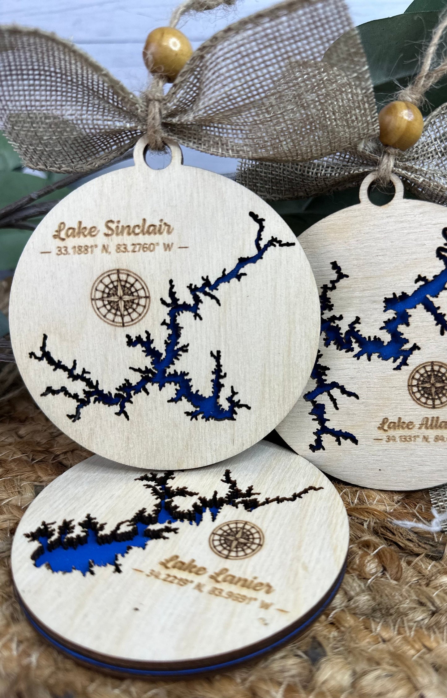 Handcrafted 3D Wooden Lake Ornament - North Carolina