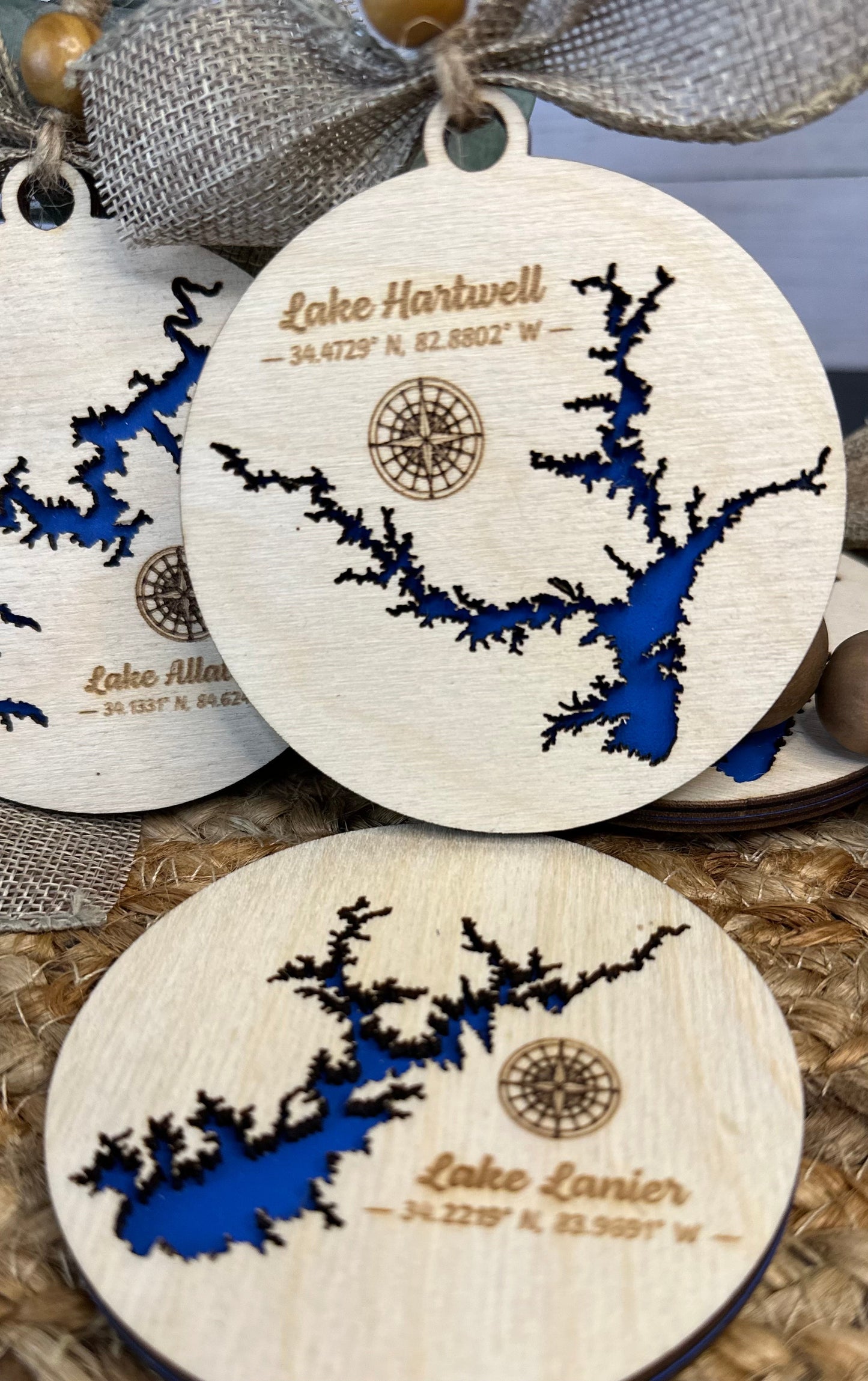 Handcrafted 3D Wooden Lake Ornament - North Carolina