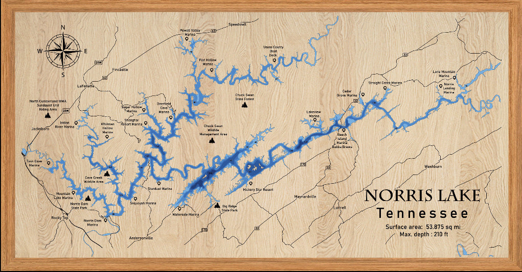 Norris Lake 3D Framed Picture Map,  Wooden Engraved Map,