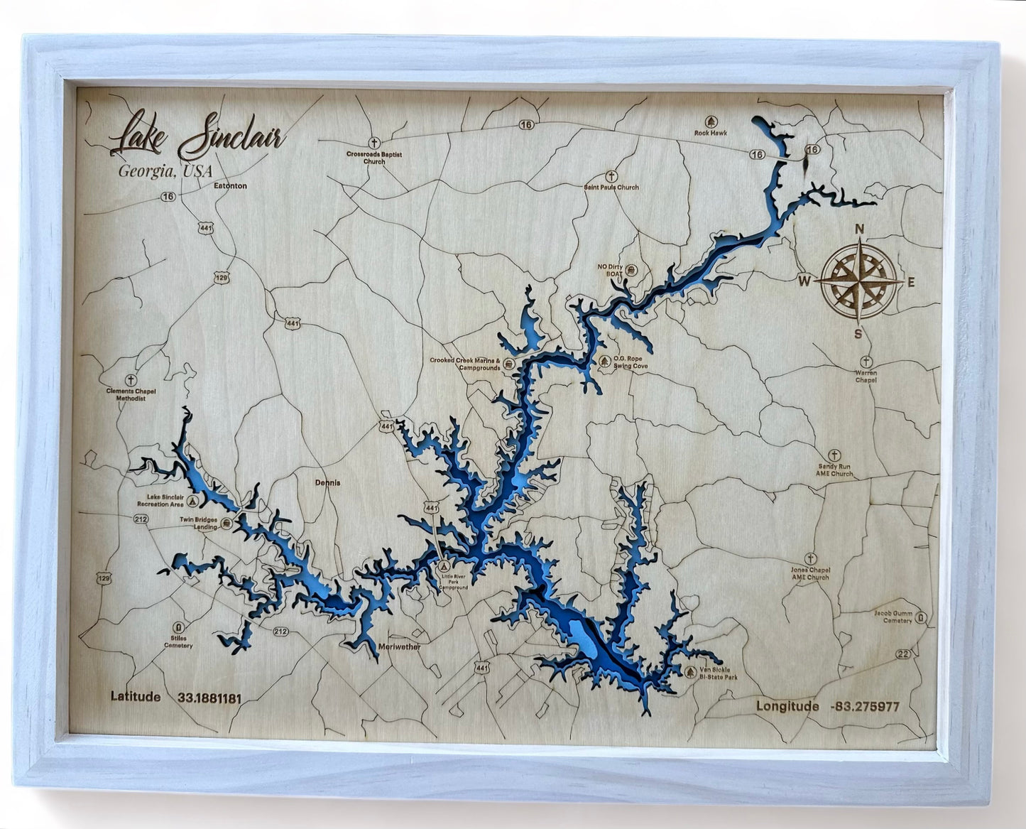 Lake Sinclair 3D Framed Picture Map,  Wooden Engraved Map,