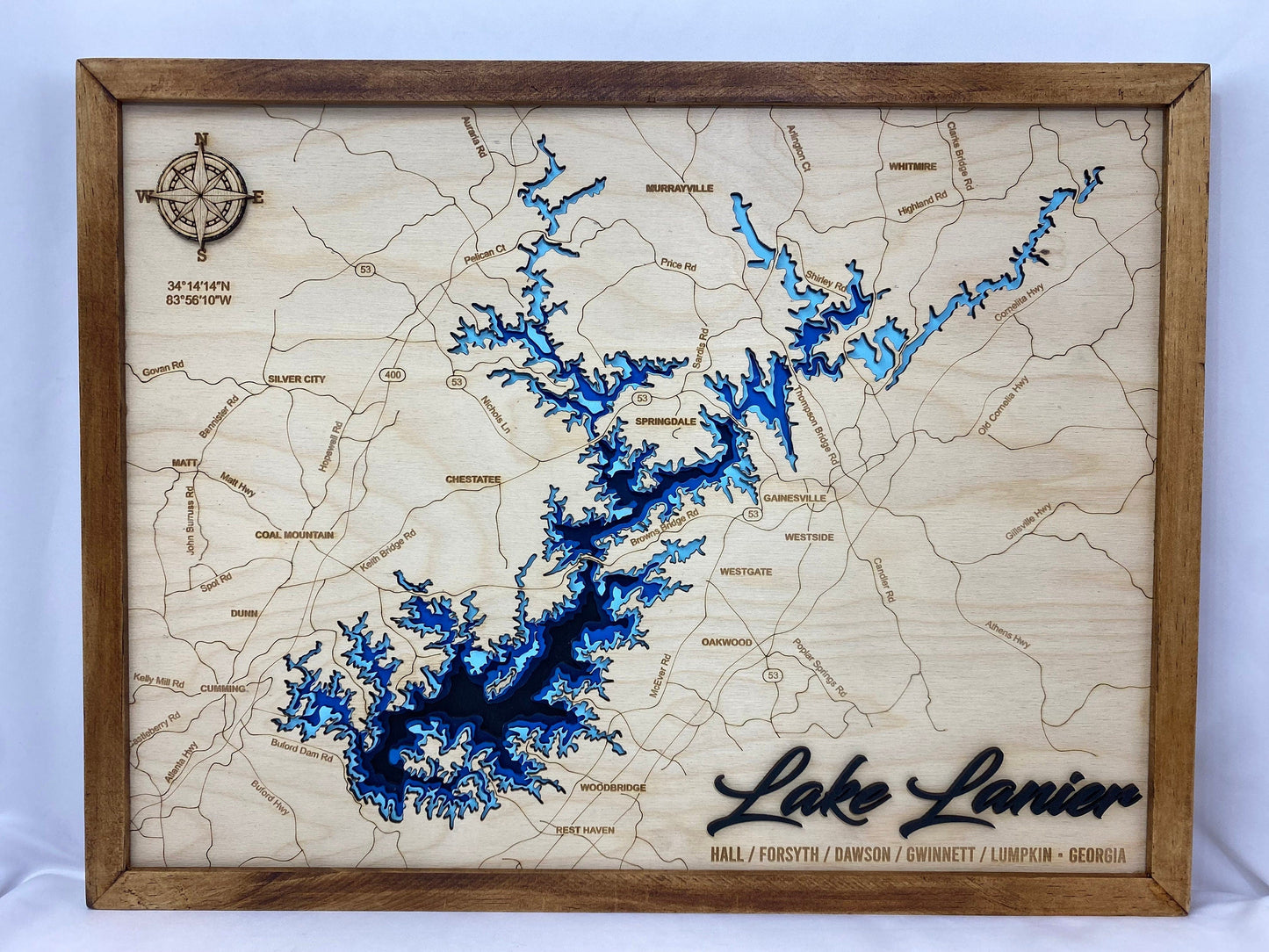 Lake Oconee 3D Framed Picture Map, Wooden Engraved Map