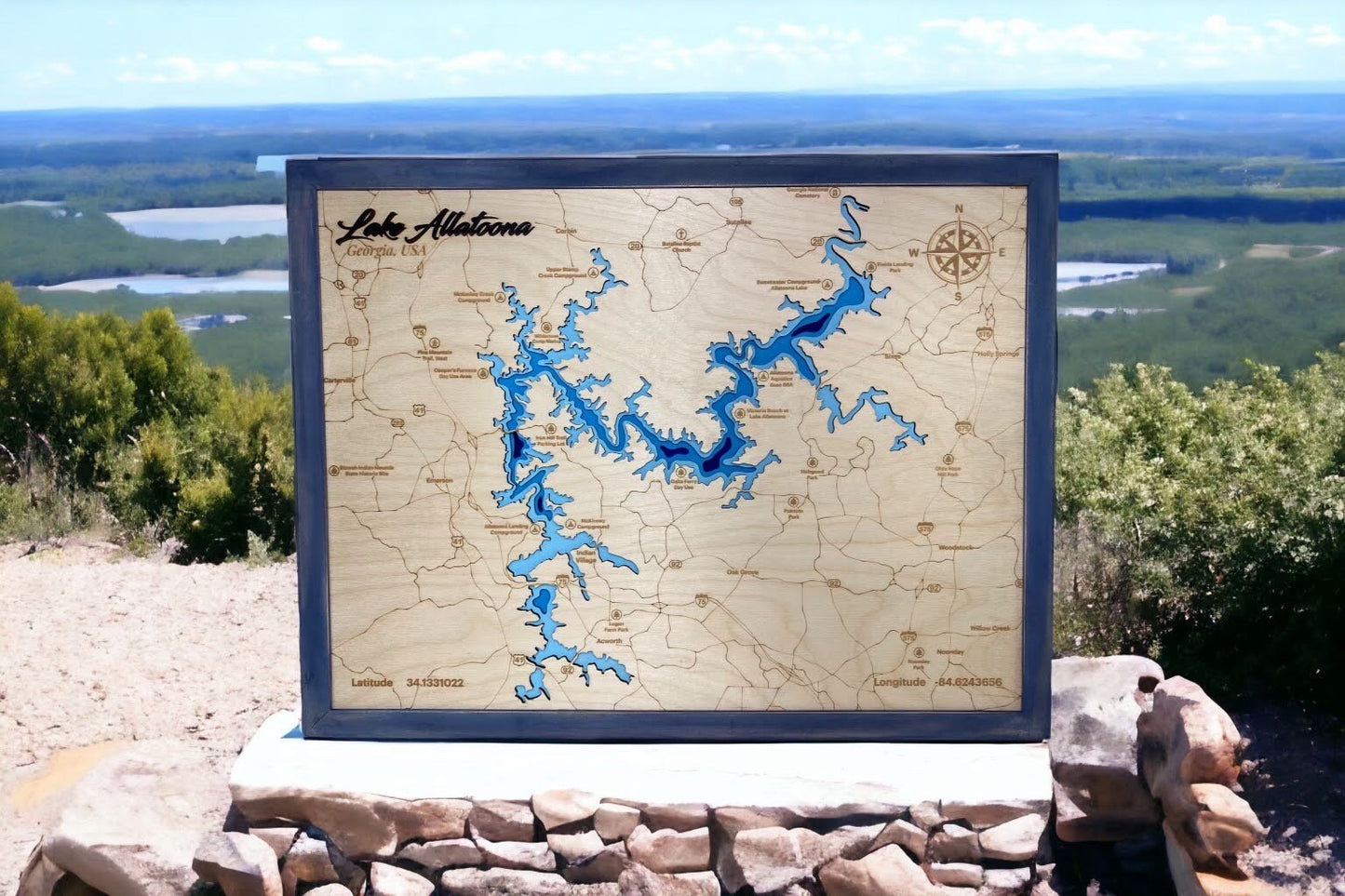 Lake Norman 3D Framed Picture Map,  Wooden Engraved Map,